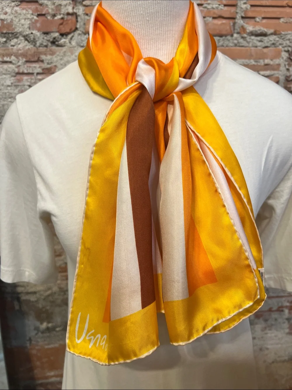 Vintage Vera Neumann silk Oblong Scarf hand rolled mustard orange pink & brown